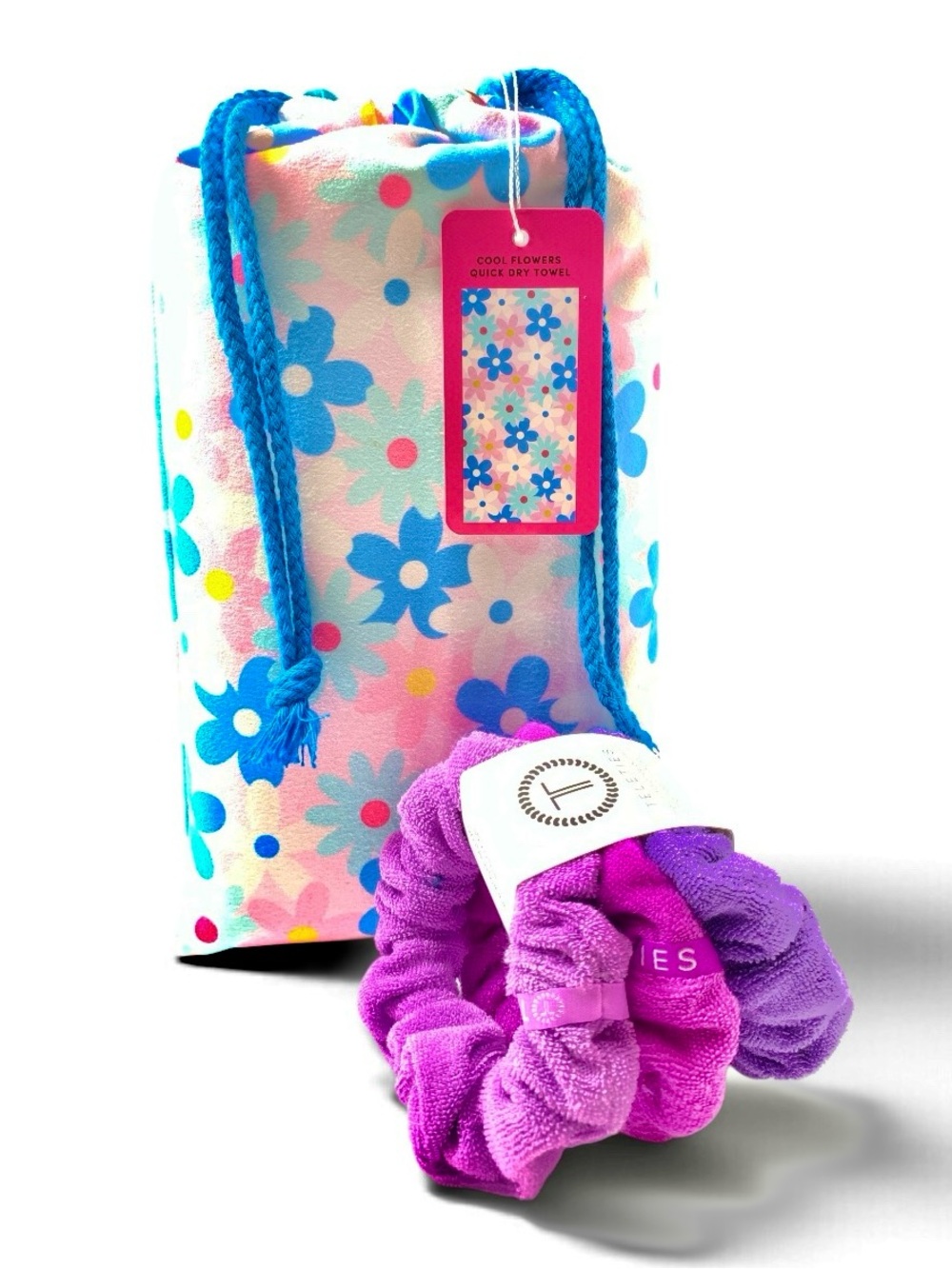 Large Pastel Beach Towel BUNDLE TELETIES Purple/Pink Terry Cloth Scrunchies NEW